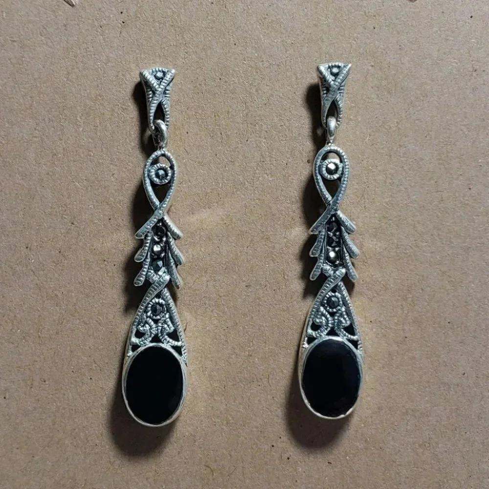 Sterling Silver drop Earrings OS‎ Black Art Deco Marcasite Onyx Teardrop Dangle
